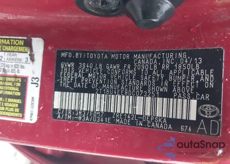 2013 Toyota Corolla S z USA, uszkodzony, nr VIN 2T1BU4EE8DC073251